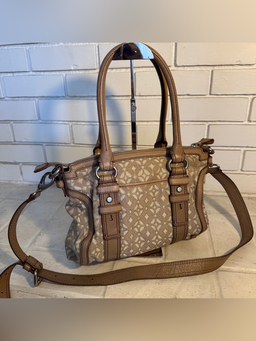 Fossil Vintage Jacquard Canvas Satchel Crossbody Bag w Leather Trim & Key Charm - Picture 3 of 14